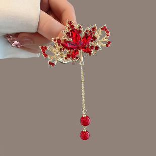 红色枫叶秋冬发饰女国风发夹小号后脑勺半扎抓夹小众设计螃蟹夹子