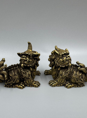 古玩古董纯铜一对独角兽麒麟小摆件铜雕仿古瑞兽神兽手把件桌摆铜