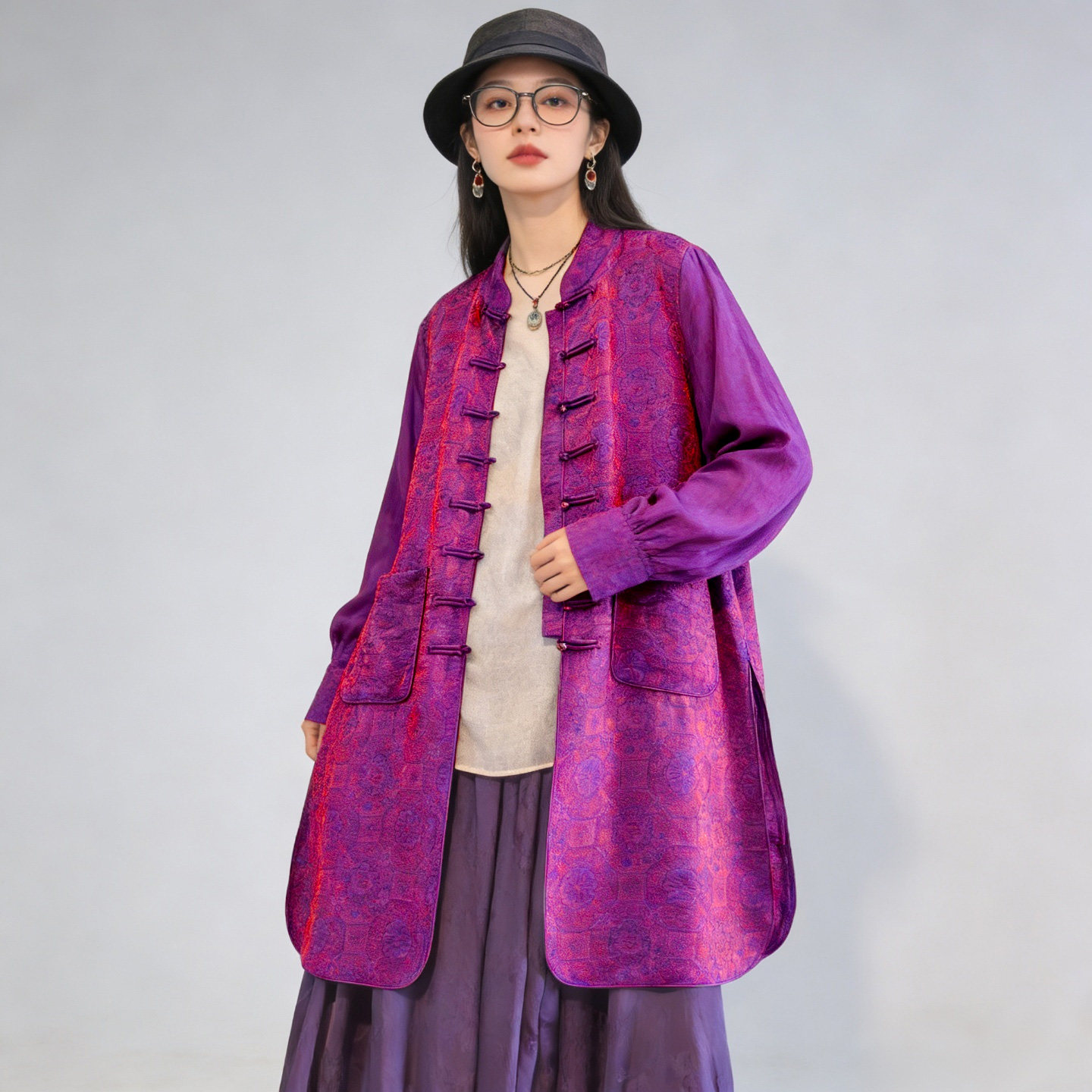 8722新中式立领盘扣中长款外套女长袖宽松复古文艺紫色上衣