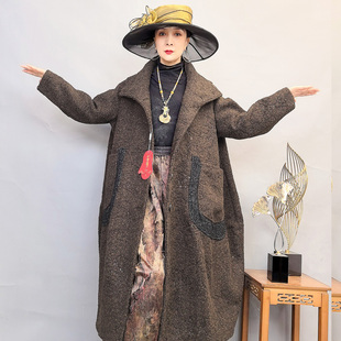 2508复古优雅西装 风衣女通勤气质百搭毛呢大衣 领中长款