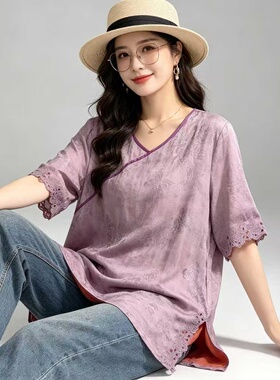 32088淑女风V领短袖上衣女宽松蕾丝花边气质大码套头衫