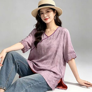 淑女风V领短袖蕾丝大码上衣