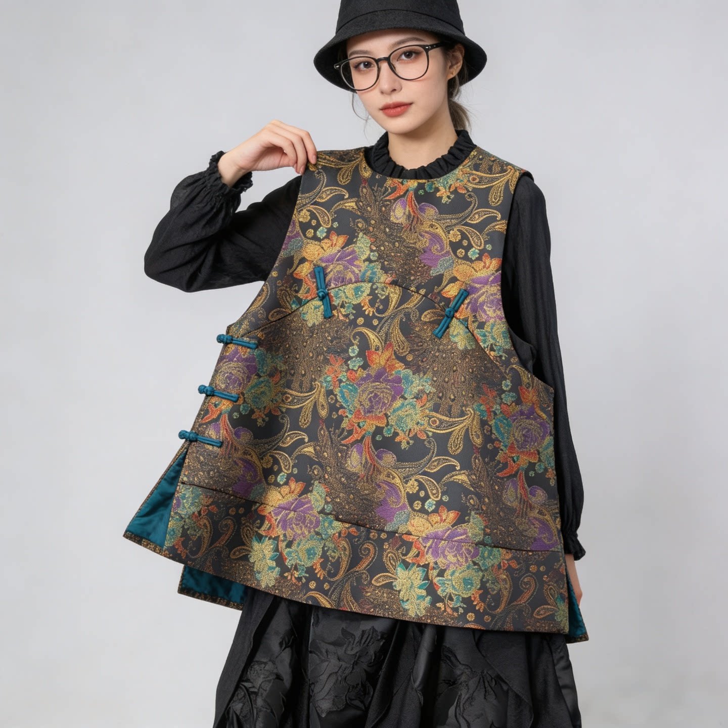 8716新中式国风印花马甲女无袖圆领盘扣坎肩上衣高级感复古