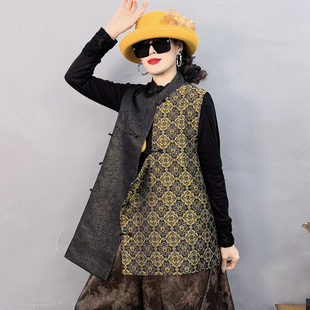 8702春季新款国风提花中式短款立领侧盘扣马甲