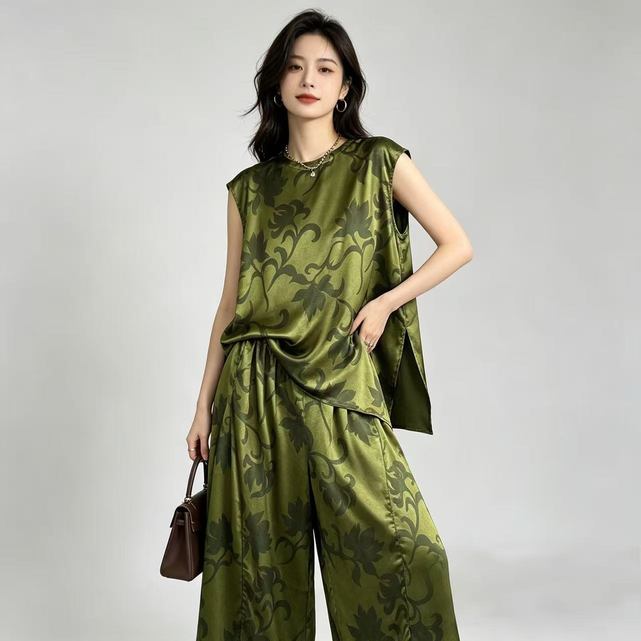 新中式立领印花阔腿裤两件套女