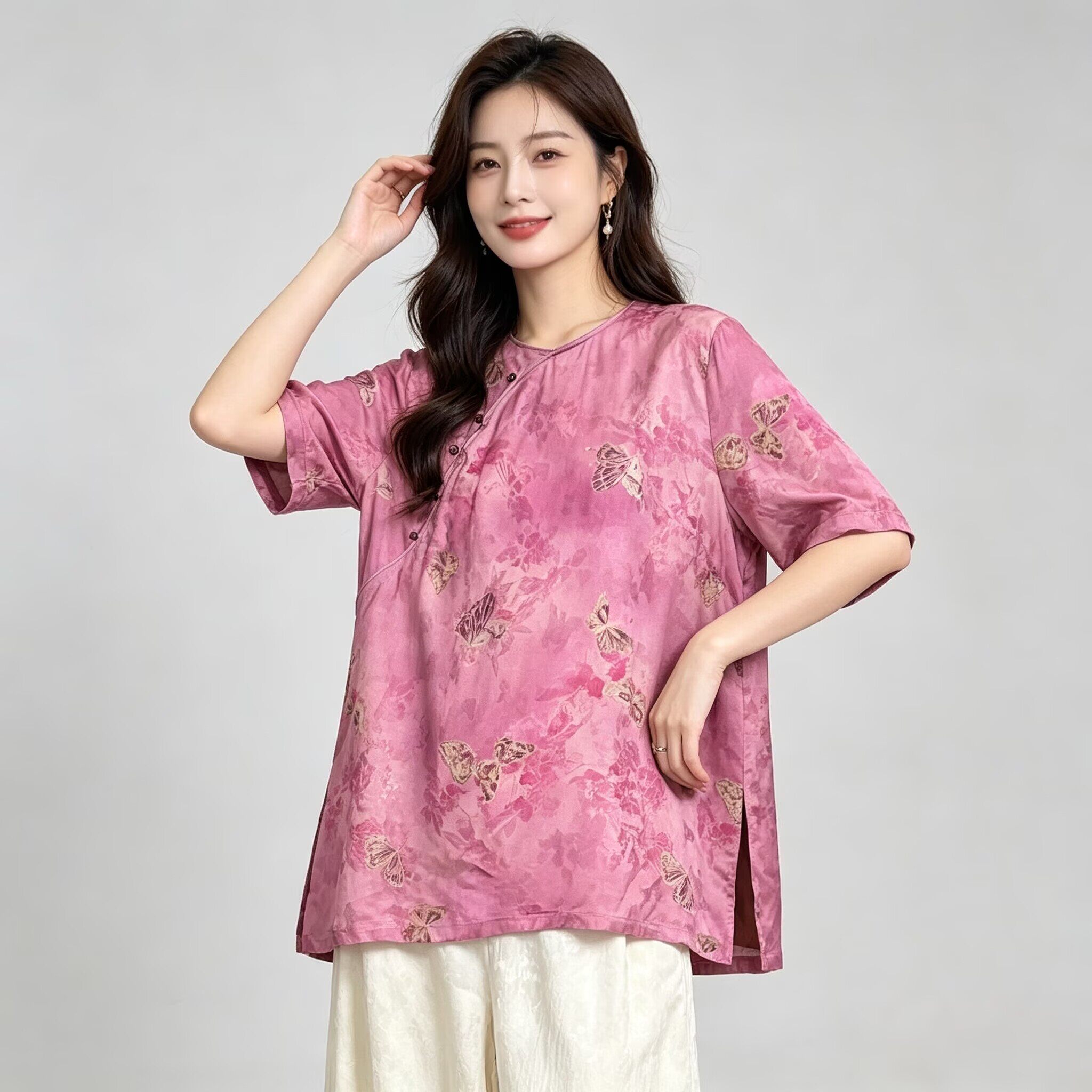 K567新中式蝴蝶印花短袖上衣女宽松圆领气质大码中国风衬衫