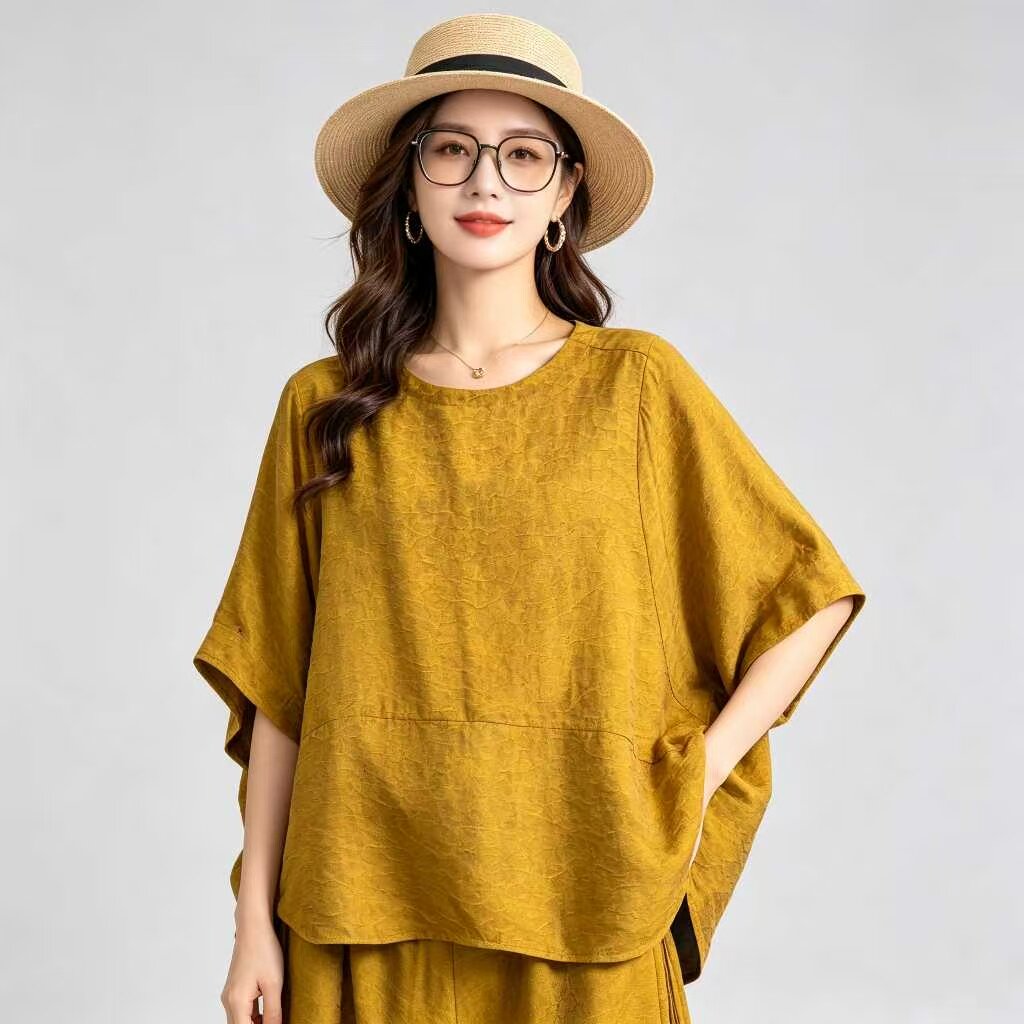 度假风黄色宽松圆领短袖上衣女