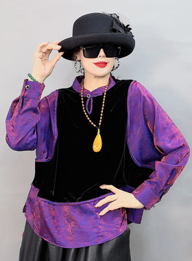 8713春新款国风中式立领上档次长袖假两件高端上衣