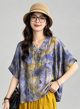 18980新中式宋锦风提花上衣女宽松V领短袖显瘦百搭中国风衬衫