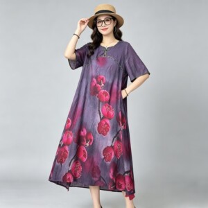 76158气质花卉印花连衣裙女中长款圆领短袖文艺复古百搭紫色裙子