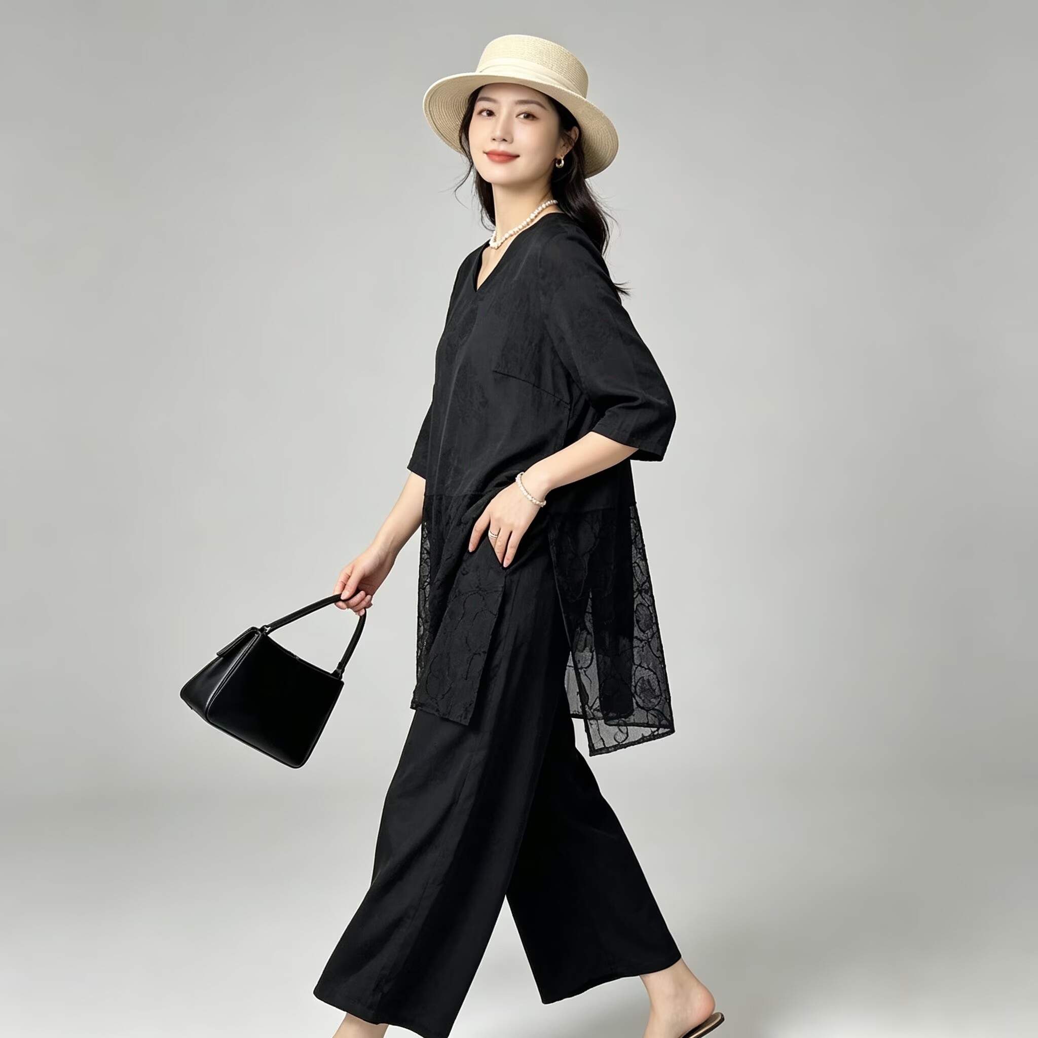 新中式女夏黑色绑带阔腿两件套