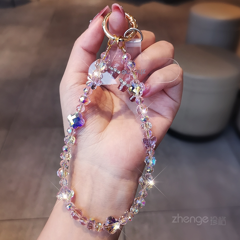 手机链挂绳四叶草水晶蝴蝶挂件短款手腕挂饰小清新壳串珠链壳结实