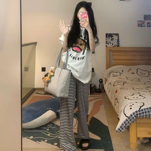 睡衣女夏纯棉可外穿短袖长裤ins风运动家居服可出门薄款休闲套装
