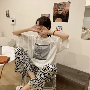 夏天ins风可外穿家居服 睡衣女夏季 纯棉短袖 长裤 豹纹休闲两件套装