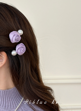 韩系紫色玫瑰花朵珍珠刘海发夹女前额头饰侧边夹子对夹发卡高级感