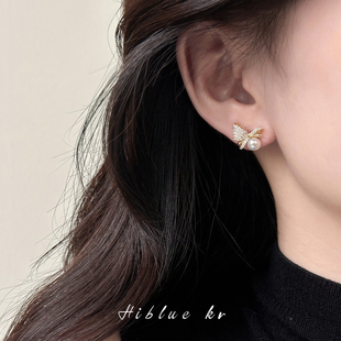 天然淡水珍珠锆石蝴蝶结耳钉女轻奢高级感耳环耳饰2026新款 爆款