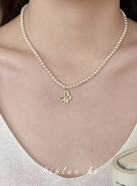 海蓝蓝碎冰冰蝴蝶吊坠珍珠项链