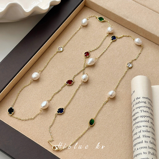 复古彩色锆石天然淡水珍珠多层叠戴项链女轻奢小众高级感锁骨链