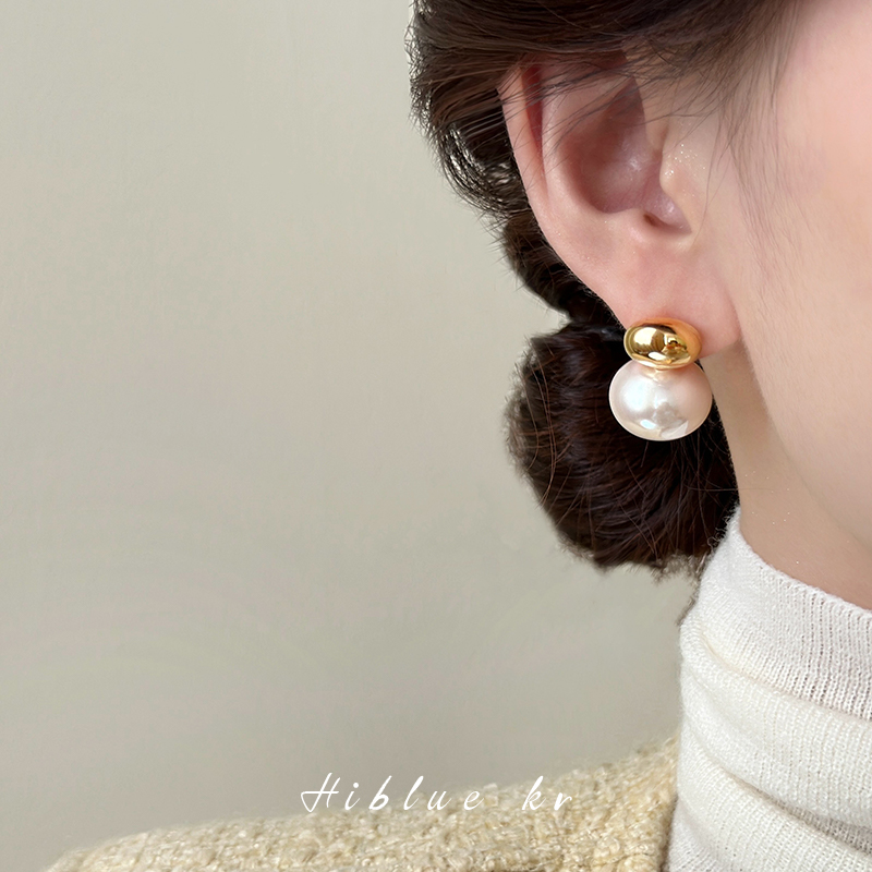 海蓝蓝扁圆馒头珍珠耳钉