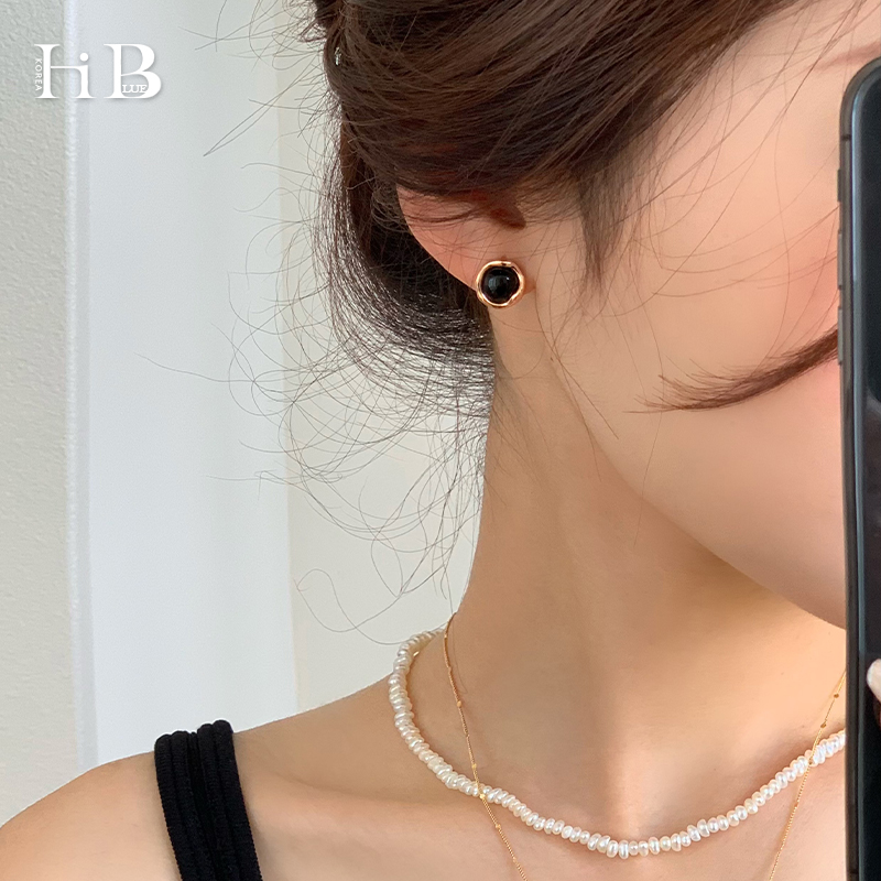 海蓝蓝天然黑曜石耳钉女ins风