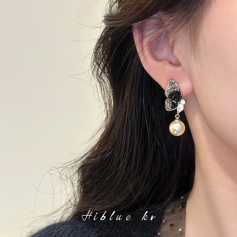 海蓝蓝黑晶石蝴蝶珍珠耳环吊坠