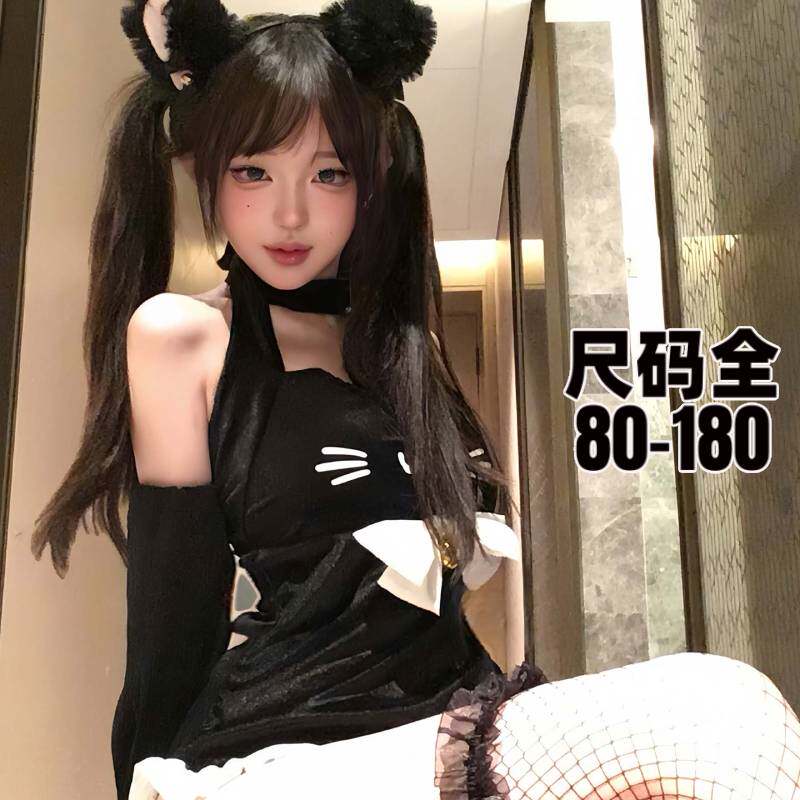 大码性感风日系猫女连体衣黑色挂脖蝴蝶结可爱甜美制服套装睡衣女