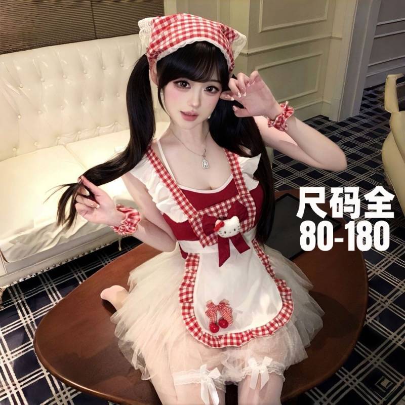 大码性感女仆制服格子围裙蝴蝶结蕾丝边角色扮演内衣套装qqny情趣
