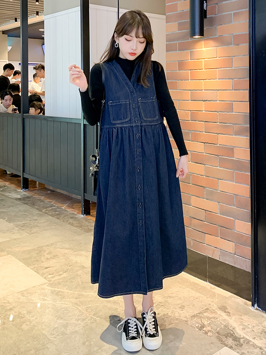 NEW FASHION 2024 SLIM MATERNITY DRESS SPRING AUTUMN DENIM STRAP SKIRT BASE LAYER TOP DRESS TWO PIECE SET