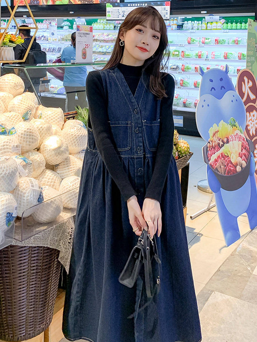 NEW FASHION 2024 SLIM MATERNITY DRESS SPRING AUTUMN DENIM STRAP SKIRT BASE LAYER TOP DRESS TWO PIECE SET