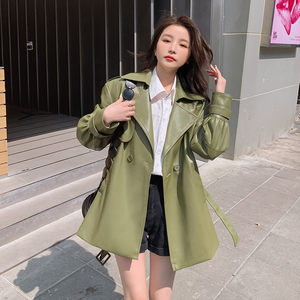 复古绿色皮衣外套女2024年秋季新款高级感港风气质显瘦中长款风衣图片