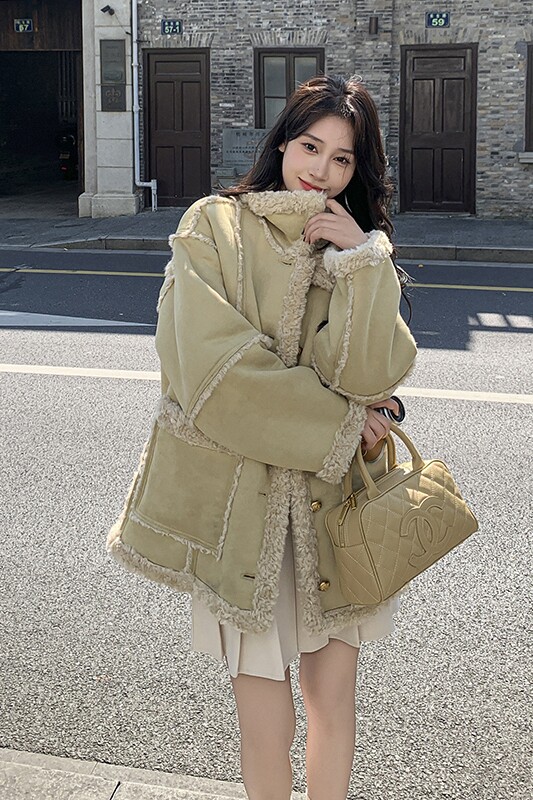韩版小香风羊羔毛麂皮毛一体外套女2025冬季新款加厚显瘦棉衣棉服,女装皮草,浙宝113