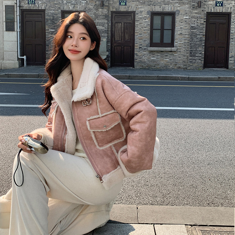 【现货】扎染雪花PU皮仿兔毛皮毛一体皮衣207-P185-K268，女装派克服，浙宝113