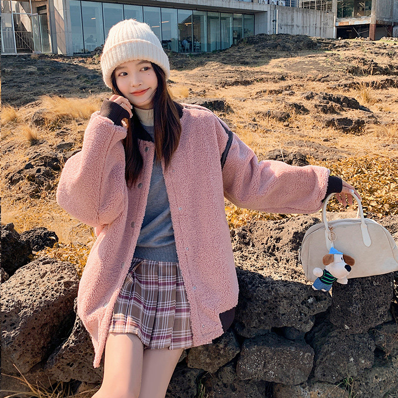 【大货已出】羊羔毛拼PU皮皮毛一体棒球服外套227-P175-K258，女装皮草，浙宝113