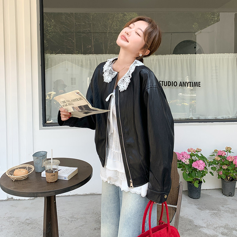 韩系机车黑色蕾丝又a又飒皮衣夹克女春PU超好看短款小个子外套潮,女装皮衣,浙宝113
