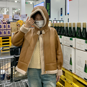 韩版PU皮拼接羊羔毛外套女2025冬季新款皮毛一体加厚显瘦棉衣棉服图片