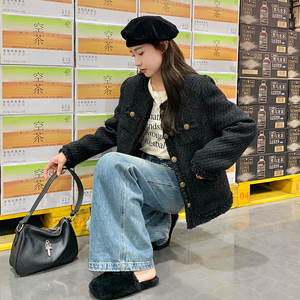 黑色小香风外套女春秋2025新款超好看高级感精致短款v领亮丝上衣图片