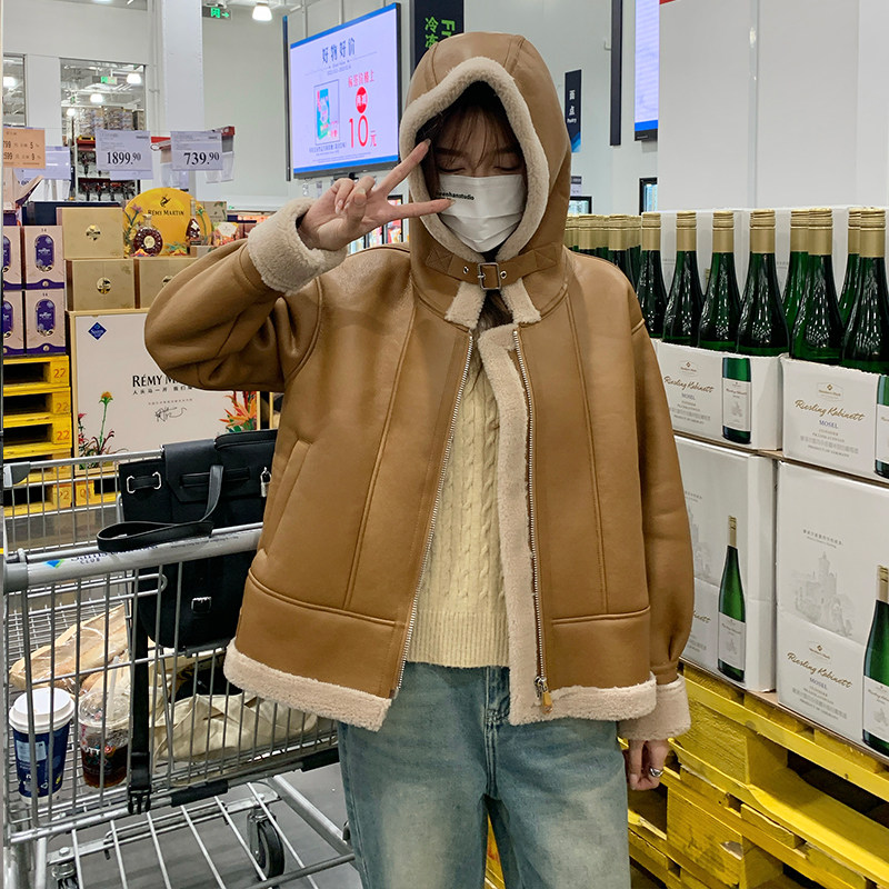 【现货】机车风PU皮羊羔毛皮毛一体皮衣201-P185-K268,女装派克服,浙宝113
