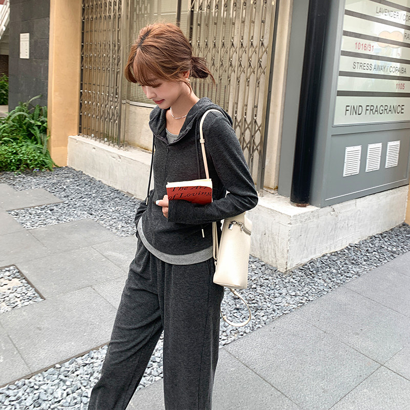 深灰色休闲运动女春秋2025新款连帽长袖卫衣阔腿裤长裤,女装运动套装,浙宝113