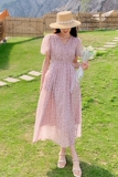 粉色v领碎花连衣裙女夏2025新款法式收腰显瘦浪漫优雅绝美初恋裙，女装连衣裙，浙宝113