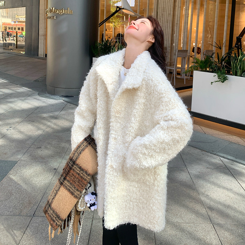 超好看米白色甜美减龄羊羔毛外套女冬2024新款中长款皮毛一体上衣,女装皮草,浙宝113