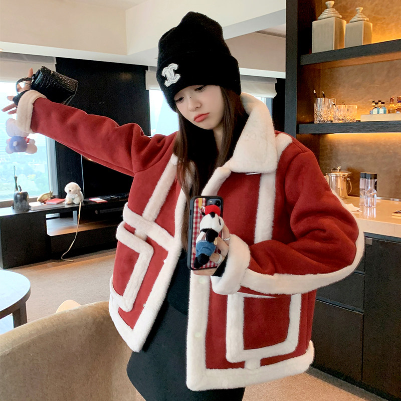 【大货已出】圣诞红麂皮绒仿兔毛皮毛一体886-P180-K268，女装派克服，浙宝113