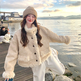 高级感米白色短款翻领皮毛一体加厚外套女秋冬2024新款麂皮绒夹克，女装皮草，浙宝113