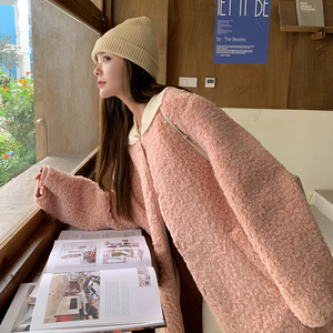 粉色羊羔毛外套女2025冬季新款韩系宽松加绒加厚长款皮毛一体大衣图片