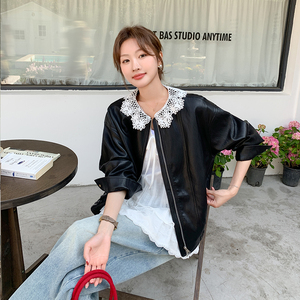 韩系机车黑色蕾丝又a又飒皮衣夹克女春PU超好看短款小个子外套潮图片