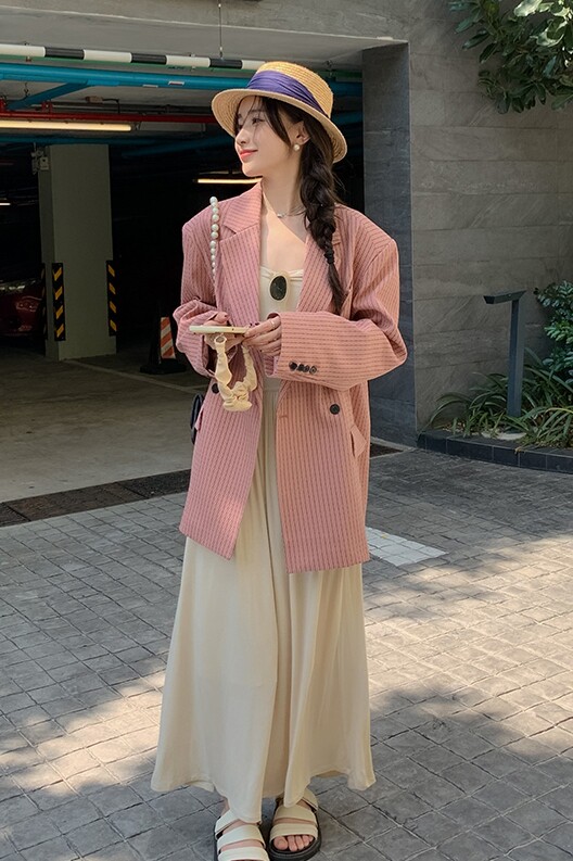粉色条纹西装外套女2025春季新款小个子炸街洋高级感洋气百搭西服,女装西装,浙宝113