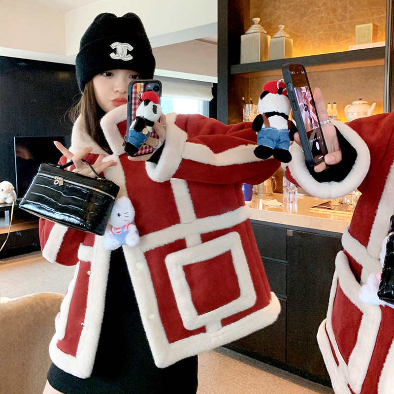 【大货已出】圣诞红麂皮绒仿兔毛皮毛一体886-P180-K268，女装派克服，浙宝113