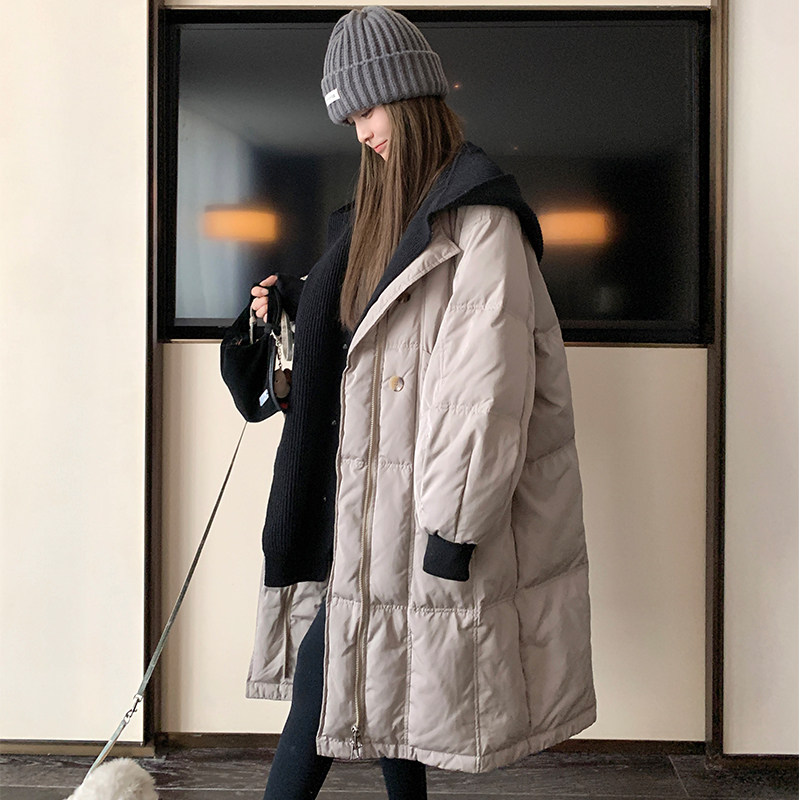 超好看针织连帽中长款羽绒服女冬2025新款设计感炸街白鸭绒厚外套,女装羽绒服,浙宝113