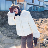 韩版学院风毛绒拼接羽绒服女2025冬季新款加厚显瘦保暖白鸭绒外套，女装羽绒服，浙宝113