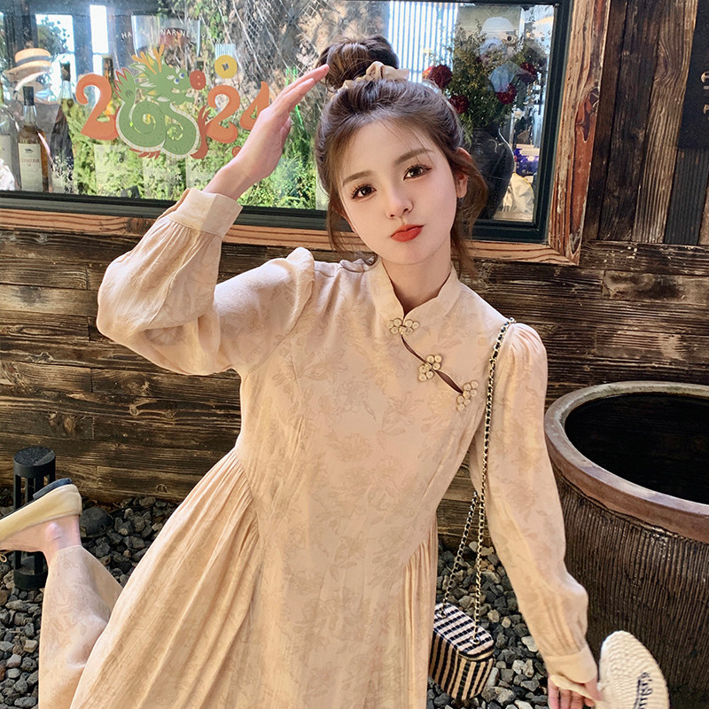 新中式改良旗袍连衣裙女春装新款高级感温柔风气质收腰显瘦长裙潮,女装连衣裙,浙宝113