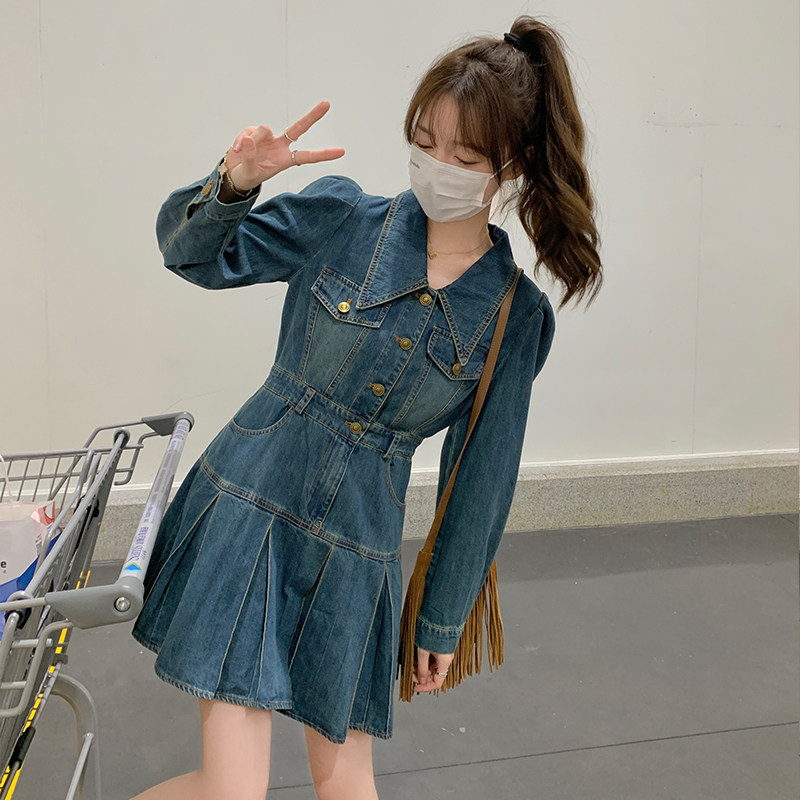 复古气质牛仔连衣裙小个子2025新款女高端轻奢收腰显瘦百褶裙超火,女装连衣裙,浙宝113
